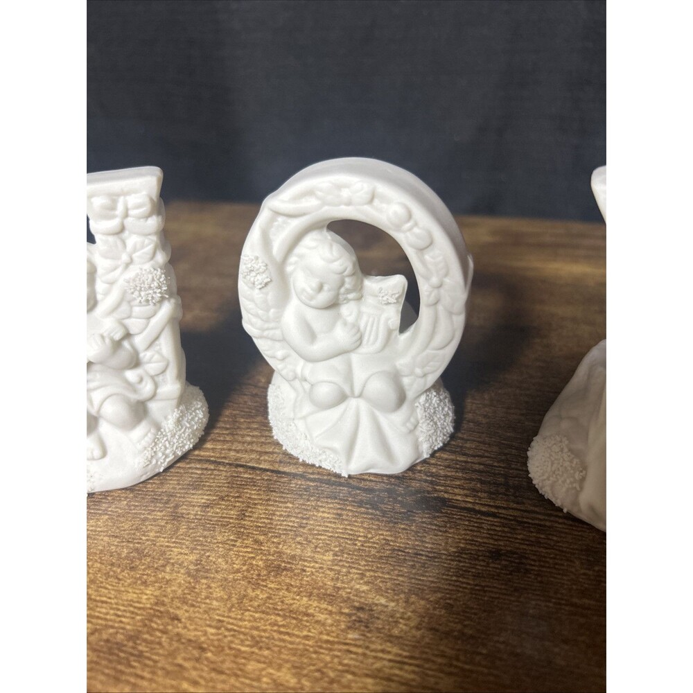 Christmas JOY Candle Holder Trio, Ceramic Bisque Cherub Angels Candleholder Set - Picture 5 of 15